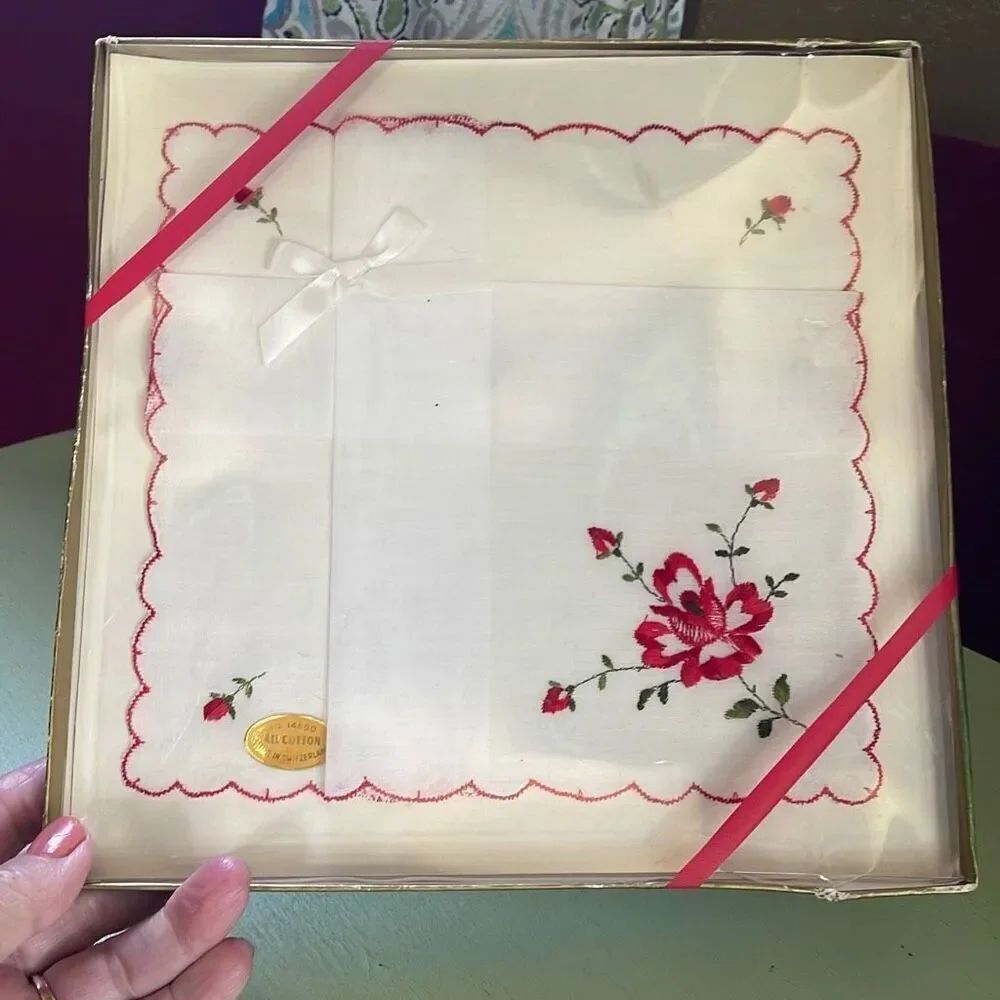 Vintage made in Switzerland embroidered handkerchief. New in package.